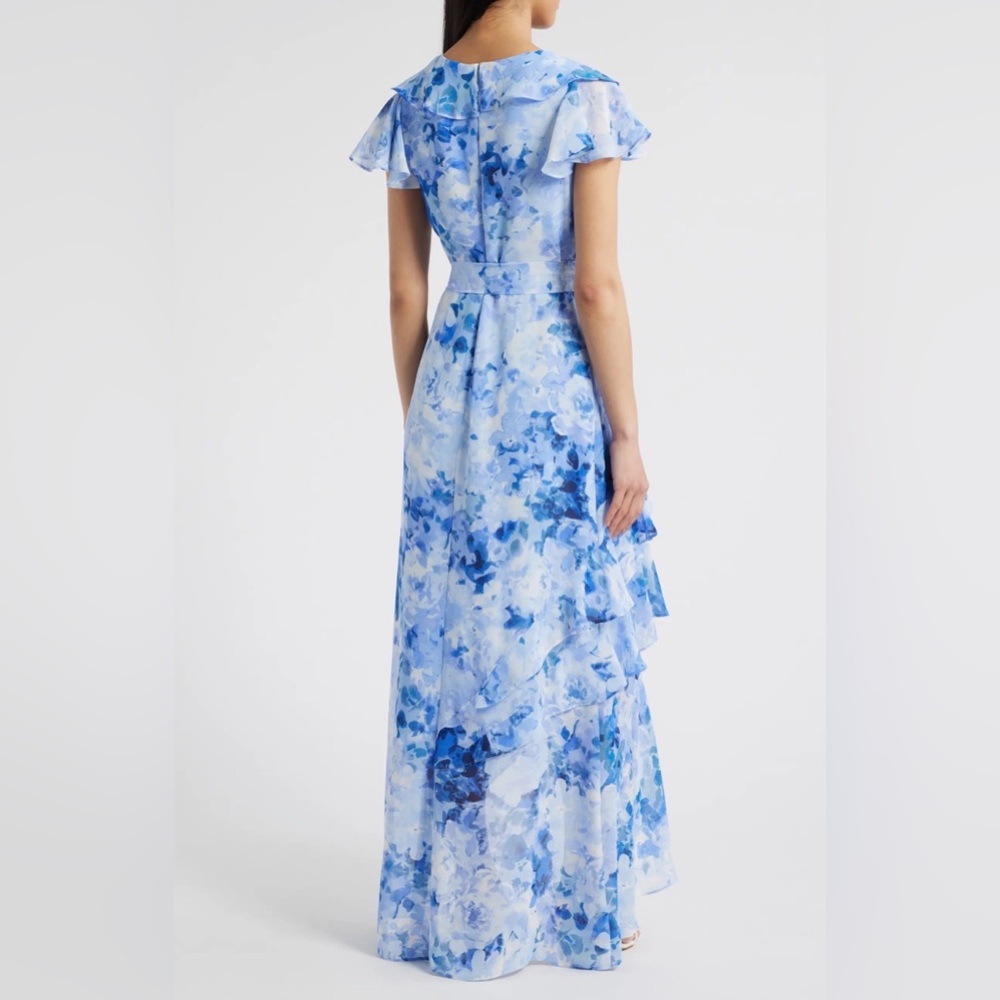 Eliza J Asymmetrical Blue Floral Ruffle Cap Sleeve Surplice V Neck Maxi Dress - Picture 2 of 11